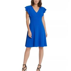 DKNY Solid Flutter-Sleeve Seamed Fit & Flare Dress